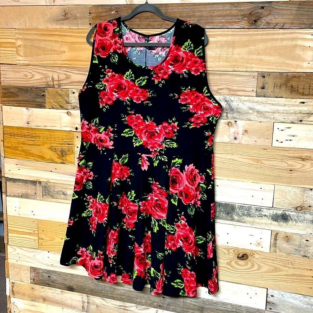 White Mark size 3X black with red roses sleeveless midi dress polyester/spandex